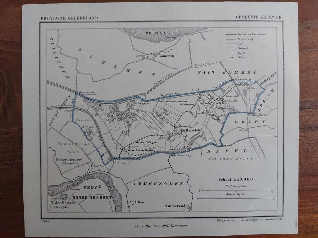 114 / Kerkwijk Bruchem Gameren Litho uit 1868 van J. Kuyper, Ophalen of Verzenden