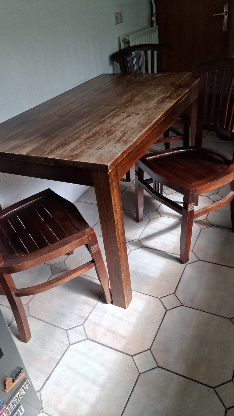 Houten eettafel met 3 stoelen, Ophalen, Gebruikt, 100 tot 150 cm, 50 tot 100 cm