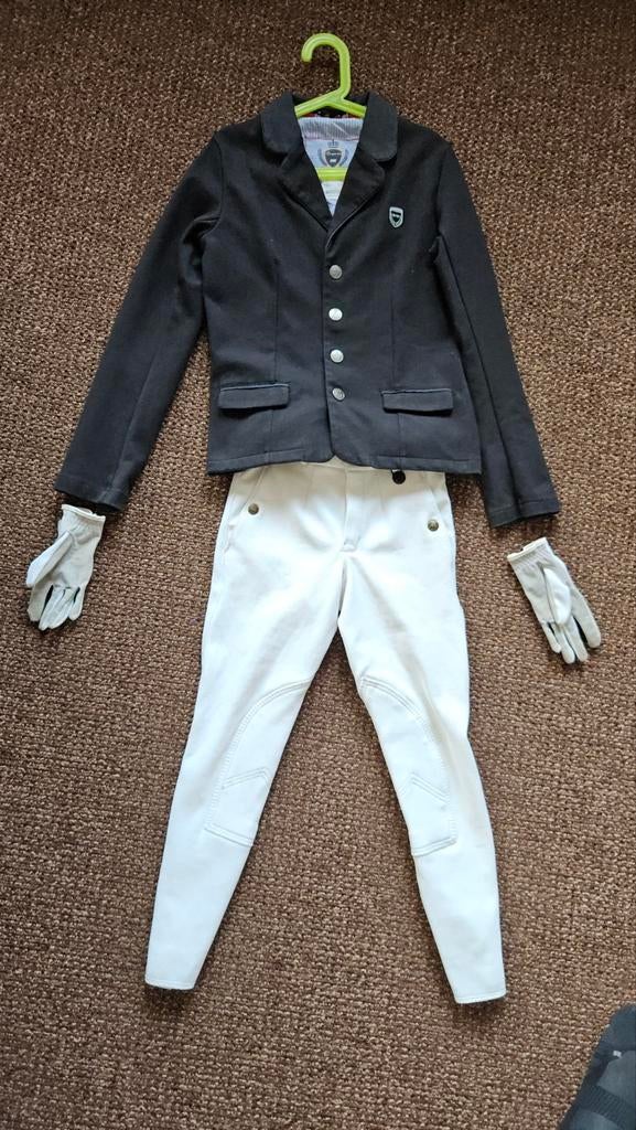 Wedstrijdkleding paardrijden donkerblauw/wit mt +/-134 - 152, Gebruikt, Kinderen, Dressuur, Overige typen