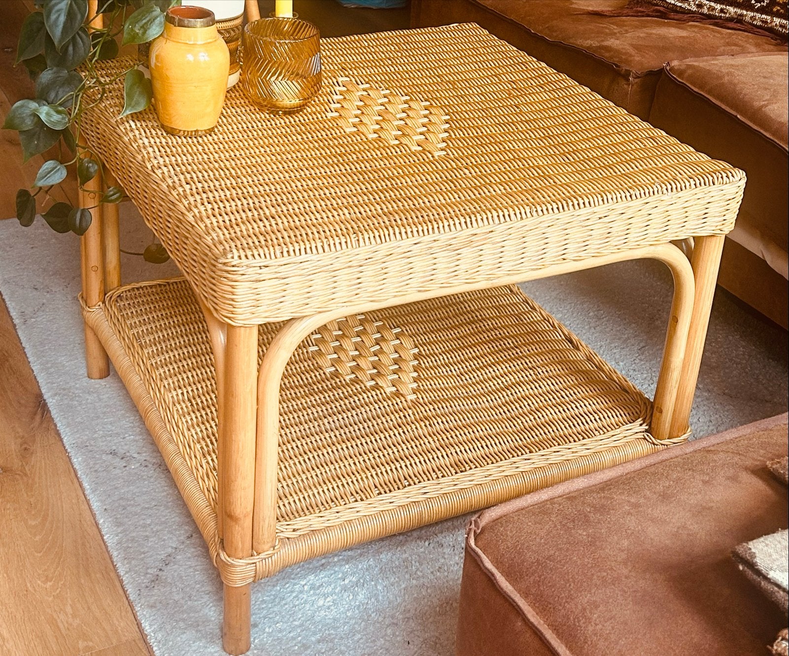 Vintage rotan salontafel 60x60 cm, Ophalen, Overige materialen, Gebruikt, 50 tot 100 cm