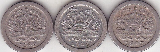 3  RONDE STUIVERS 1907 - 1908 - 1909, Ophalen of Verzenden, Vóór koninkrijk