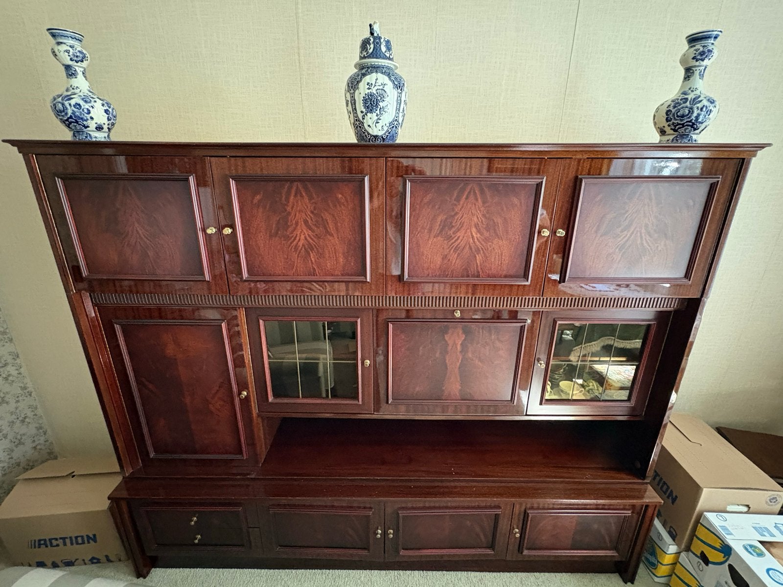 Mooi klassiek mahonie houten wandmeubel, Huis en Inrichting, Ophalen, Glas, 150 tot 200 cm, 200 tot 250 cm