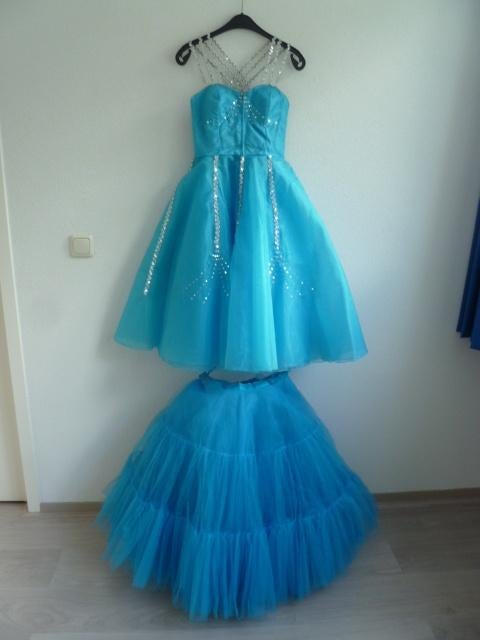 Blauwe midi ballroom jurk met losse, tule petticoat. Vintage, Ophalen of Verzenden, Gebruikt, Kleding