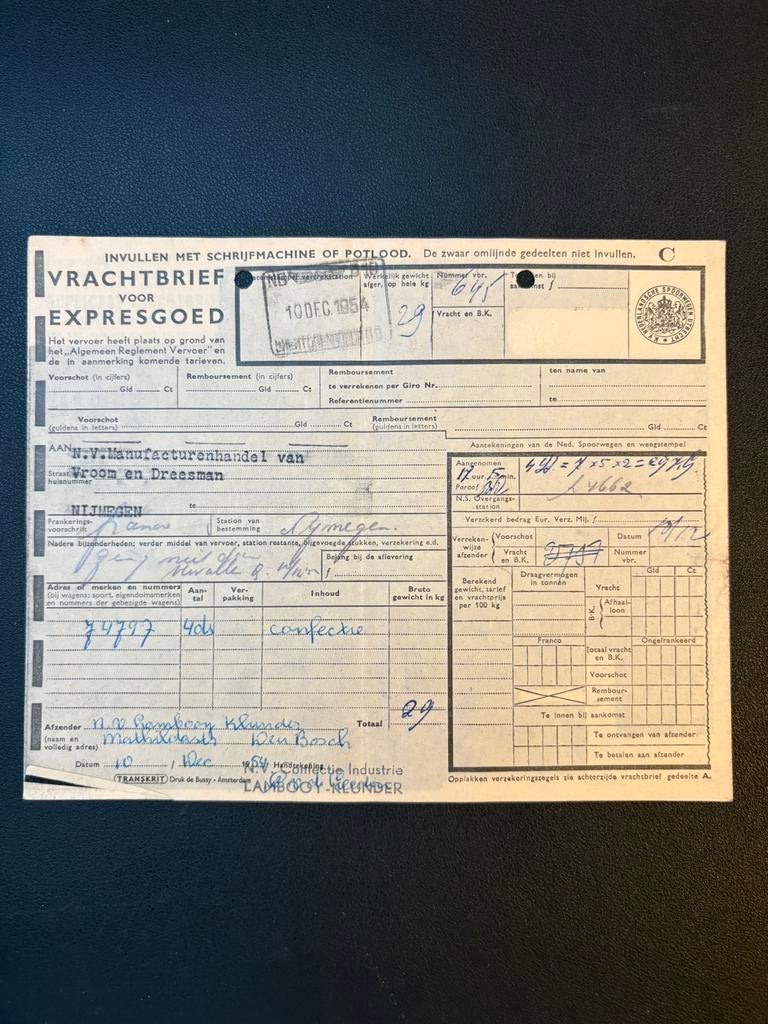 Vrachtbrief HT - NM Vier dozen confectie (1954), Ophalen of Verzenden, Gebruikt, Trein