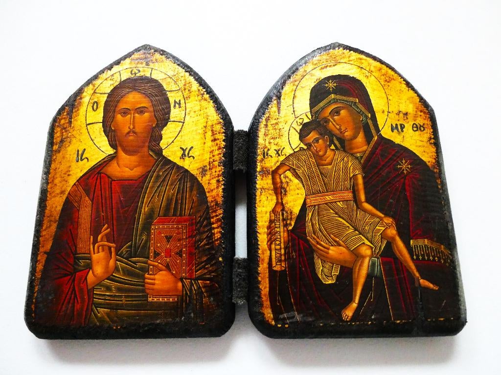 2 Luik Icoon Christus Pantocrator en Maria en Jezus Panagia, Antiek en Kunst, Antiek | Religie, Ophalen of Verzenden