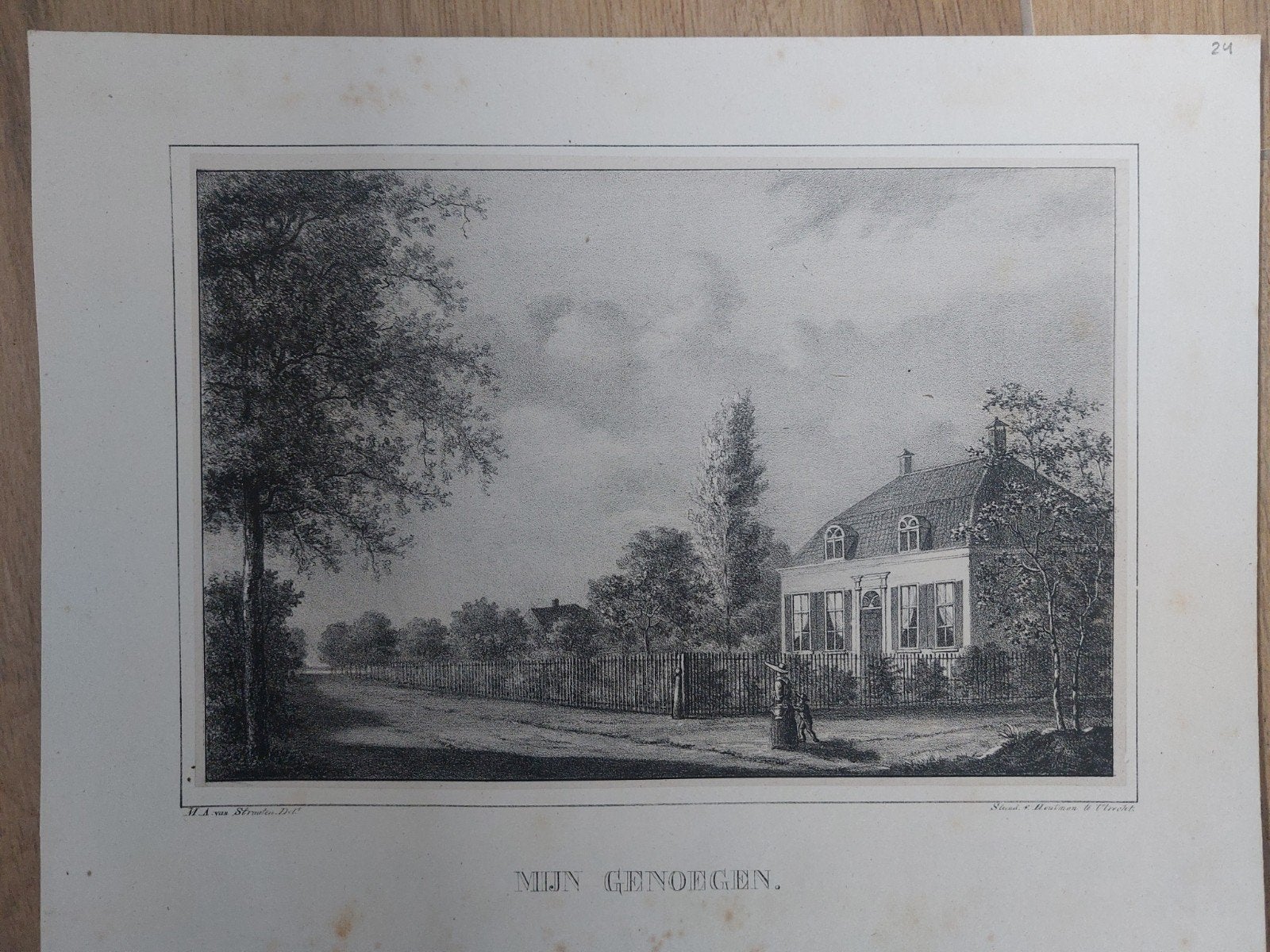 24 Mijn Genoegen Driebergerstraatweg Doorn - Steendruk 1829, Antiek en Kunst, Gesigneerd in de plaat, Ophalen of Verzenden, Landschappen