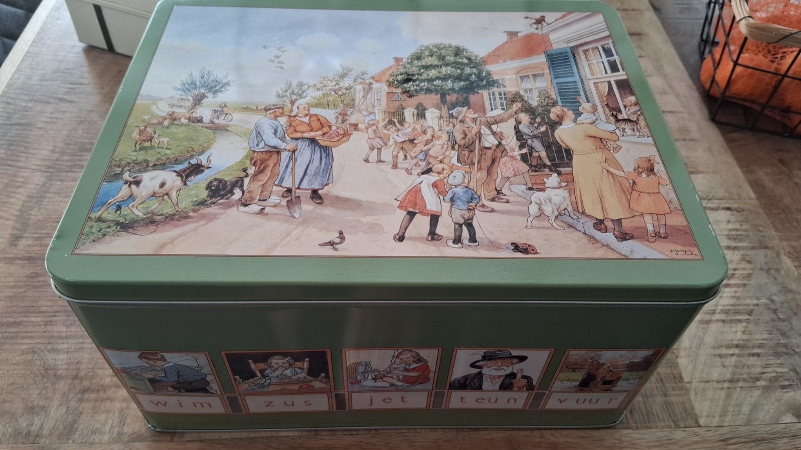 Vintage blikken trommel met nostalgische aap noot mies, Verzamelen, Ophalen of Verzenden, Gebruikt, Overige merken