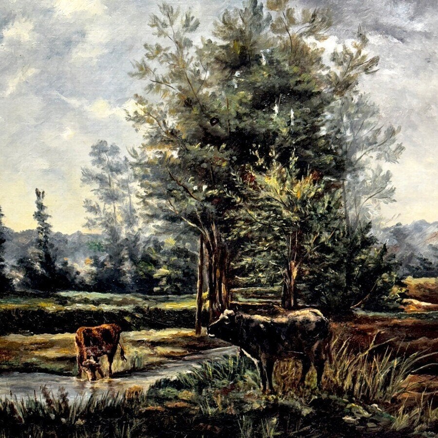 Franse School 19e eeuw - Twee koeien bij een beekje, Overige stijlen, Doek, Ophalen of Verzenden, Landschap