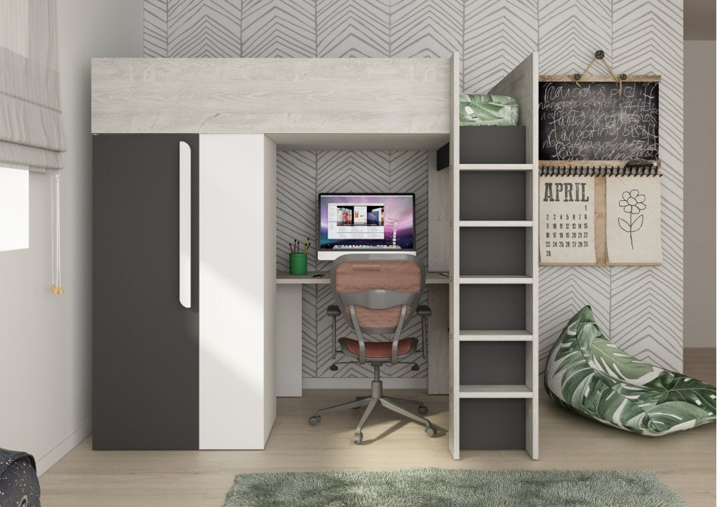 Studio 1809 hoogslaper met bureau en kast  - 90x200 - Antrac, Niet ingevuld, Niet ingevuld, Niet ingevuld