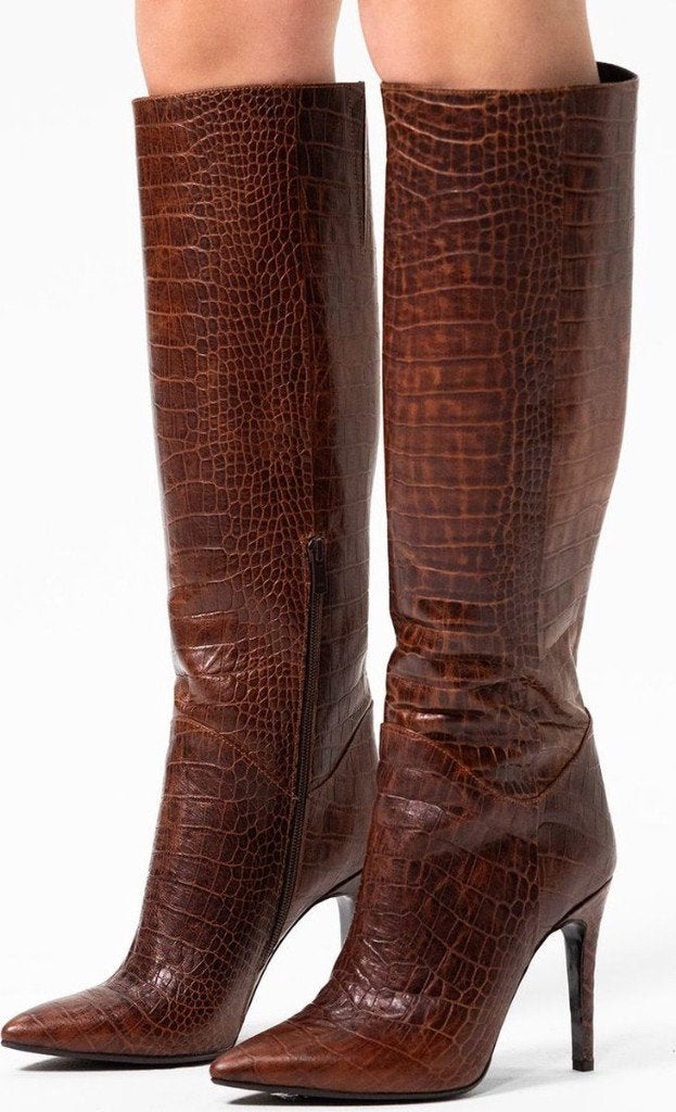Cognac leren laarzen met crocoprint, Hoge laarzen, Bruin, Verzenden, Zo goed als nieuw