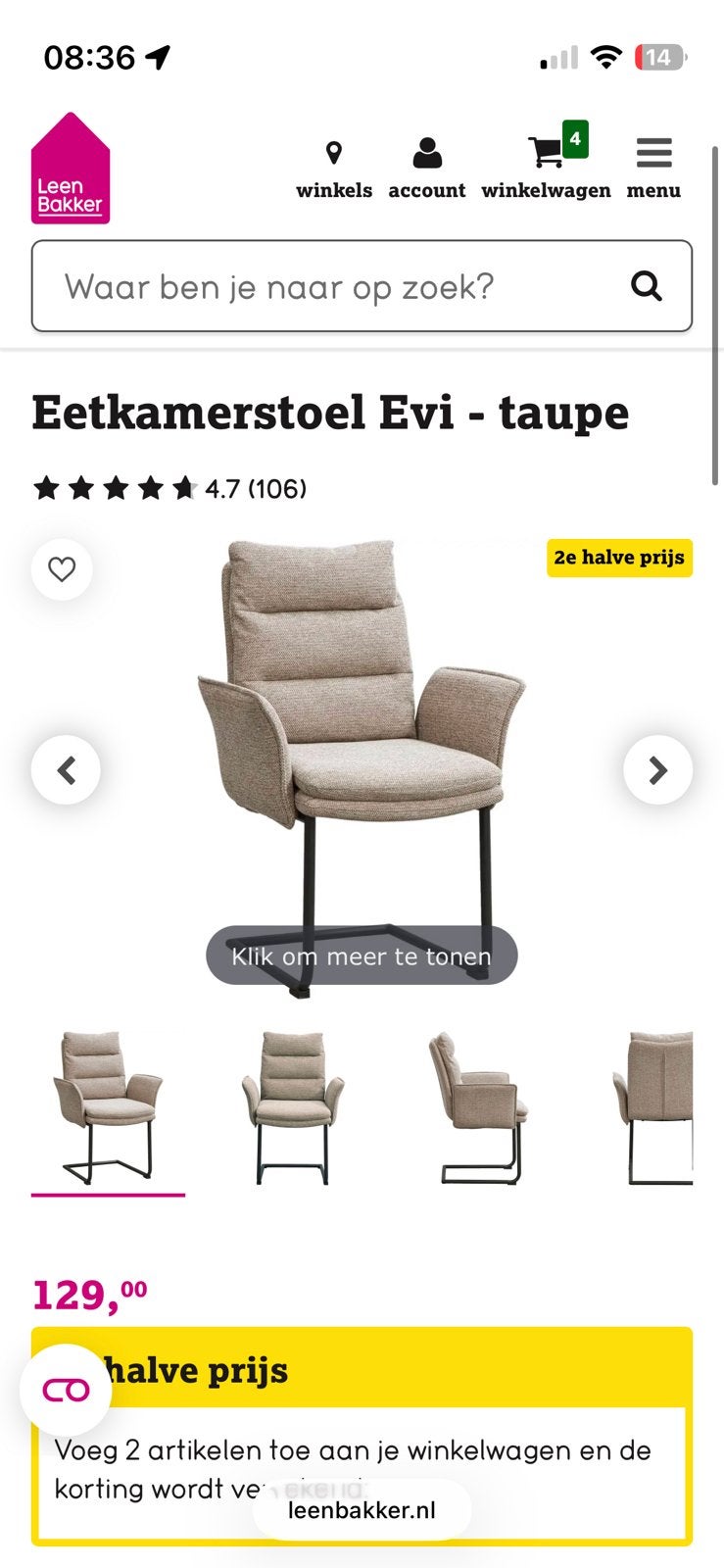 4x eetkamerstoel  evi, Ophalen, Overige kleuren, Zo goed als nieuw, Vier