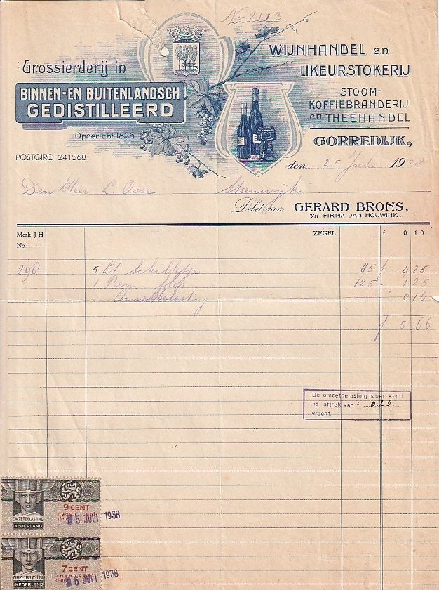 distilleerderij Gerard Brons Gorredijk factuur 1938, Ophalen of Verzenden, Gebruikt, Overige typen