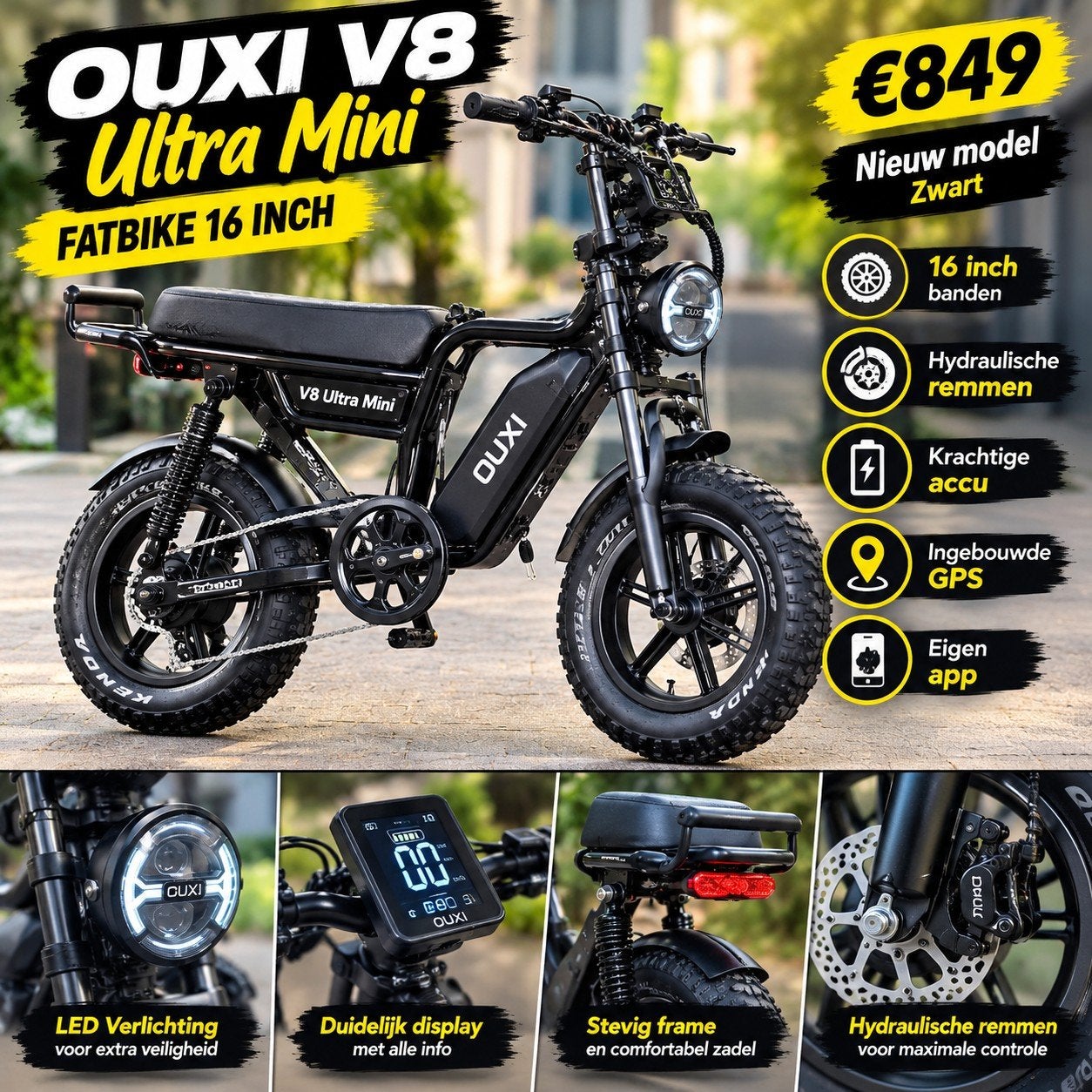 Ouxi V8 Ultra Mini Fatbike 16 inch | Nieuw model | Zwart |