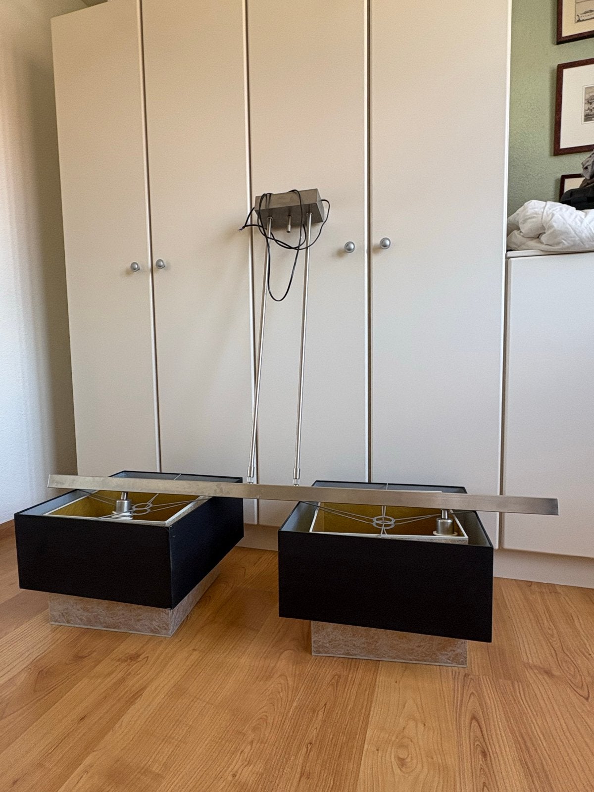 Moderne hanglamp met twee zwarte kappen, Ophalen, Gebruikt, Metaal, E27 (groot)