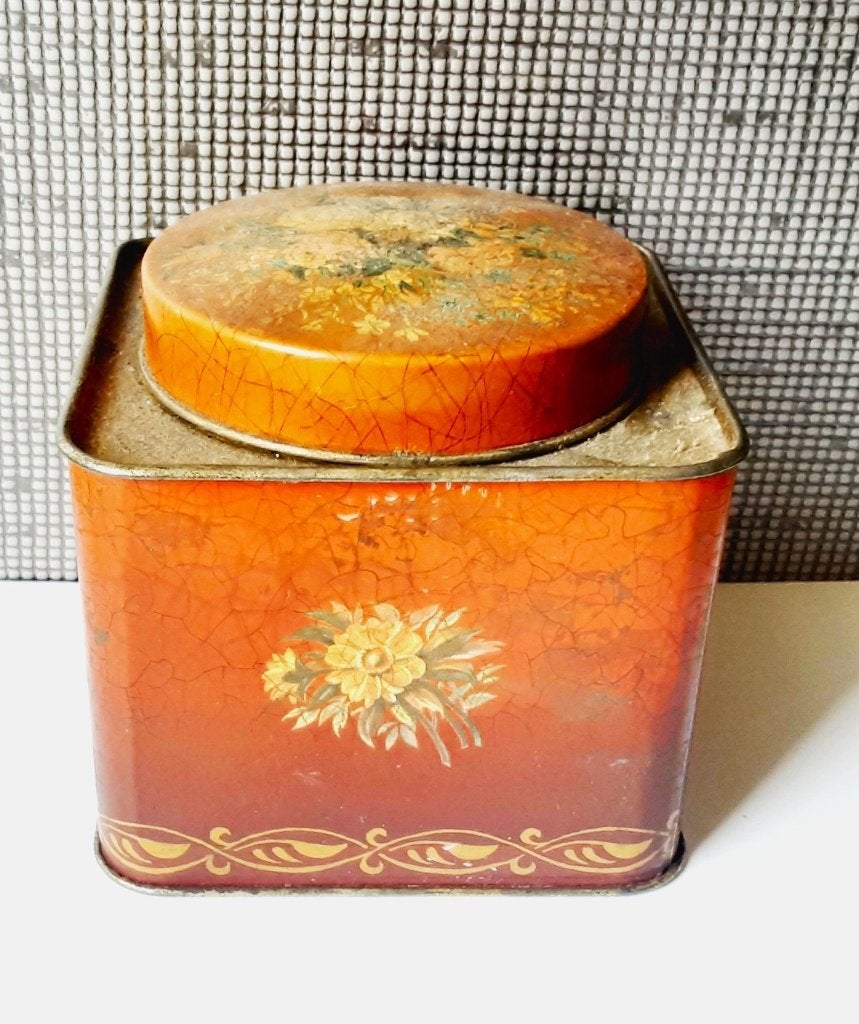 vintage blikje met bloemen handbeschilderd, Verzenden, Gebruikt, Overige
