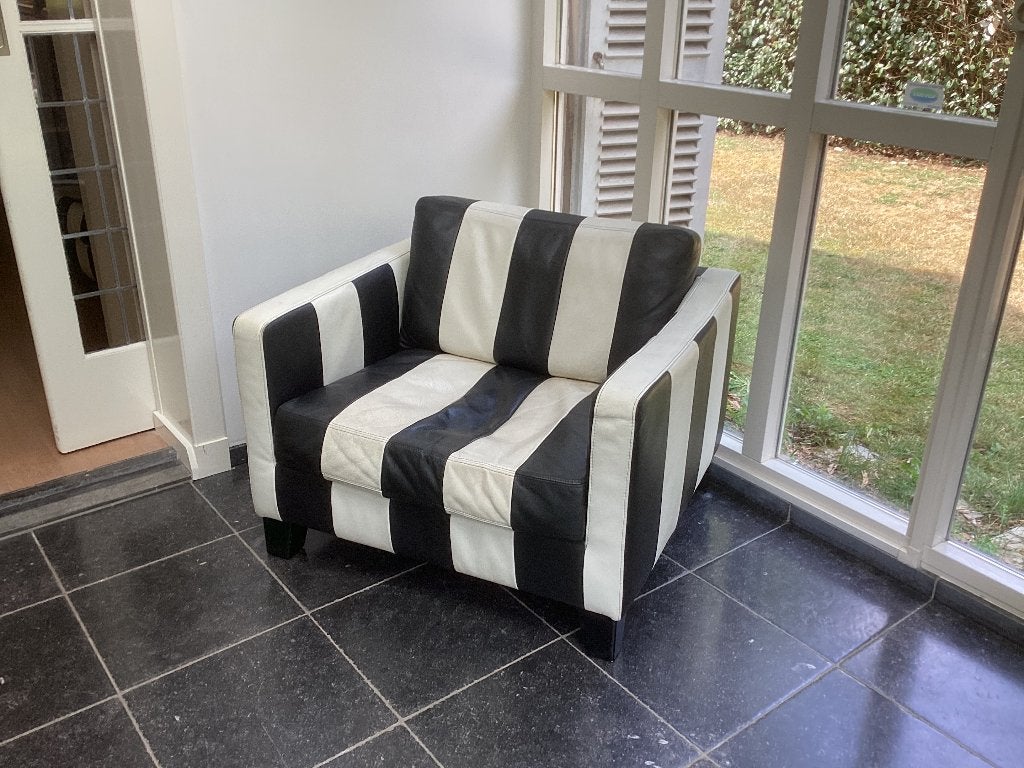 Montel leren fauteuils – zwart/wit gestreept – set van 2, Ophalen, Gebruikt, Modern klassiek, 75 tot 100 cm