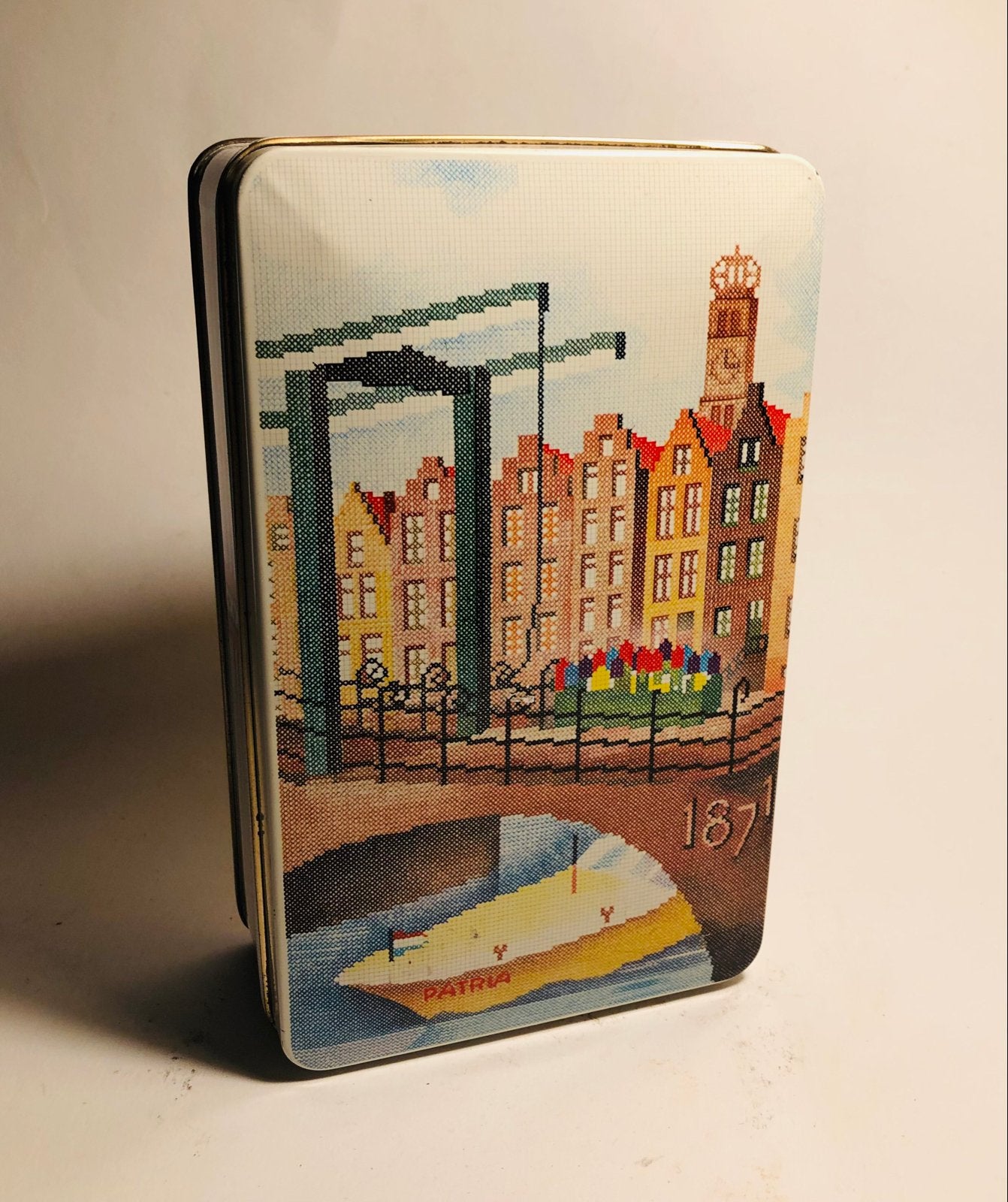 Blik Patria Magere Brug Amsterdam - Vintage Koekblik, Verzamelen, Blikken, Ophalen of Verzenden, Gebruikt, Koek(jes), Overige merken