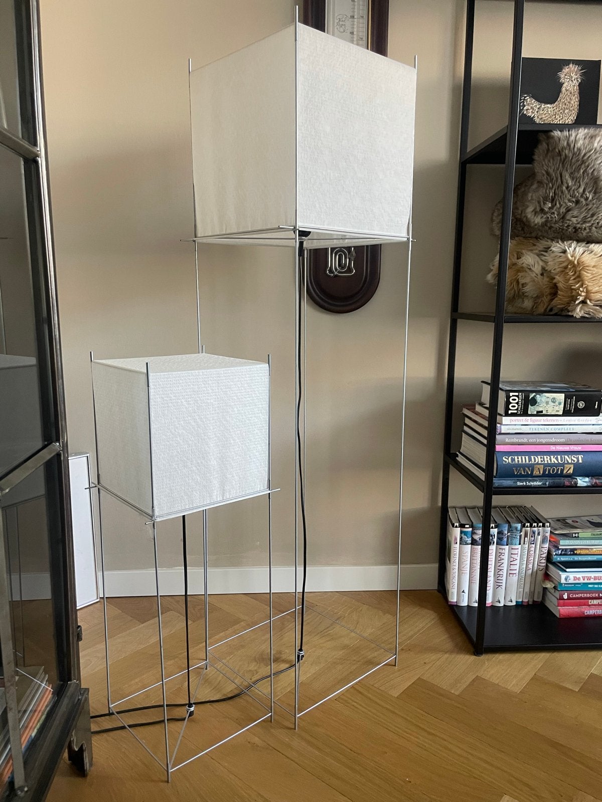 Set van twee moderne vloerlampen met stoffen kappen, Huis en Inrichting, Ophalen, 100 tot 150 cm, E27 (groot), Metaal