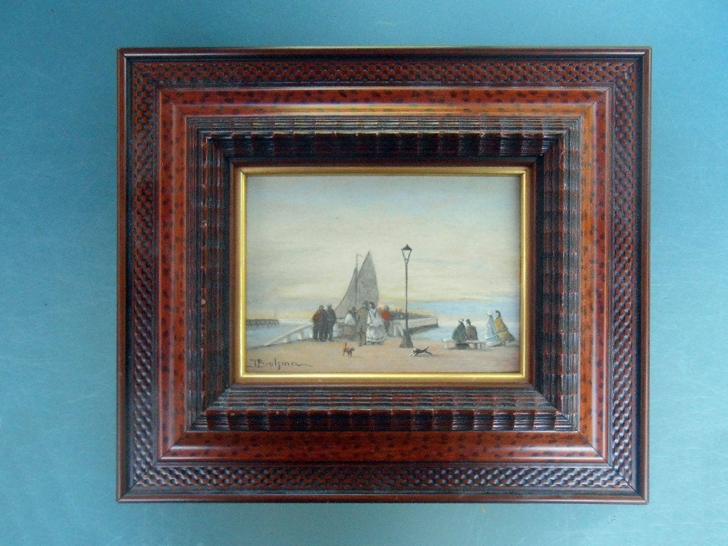 J. Brolsma: Zeilschip bij pier met lantaarnpaal, Ophalen of Verzenden, Origineel werk, Landschap