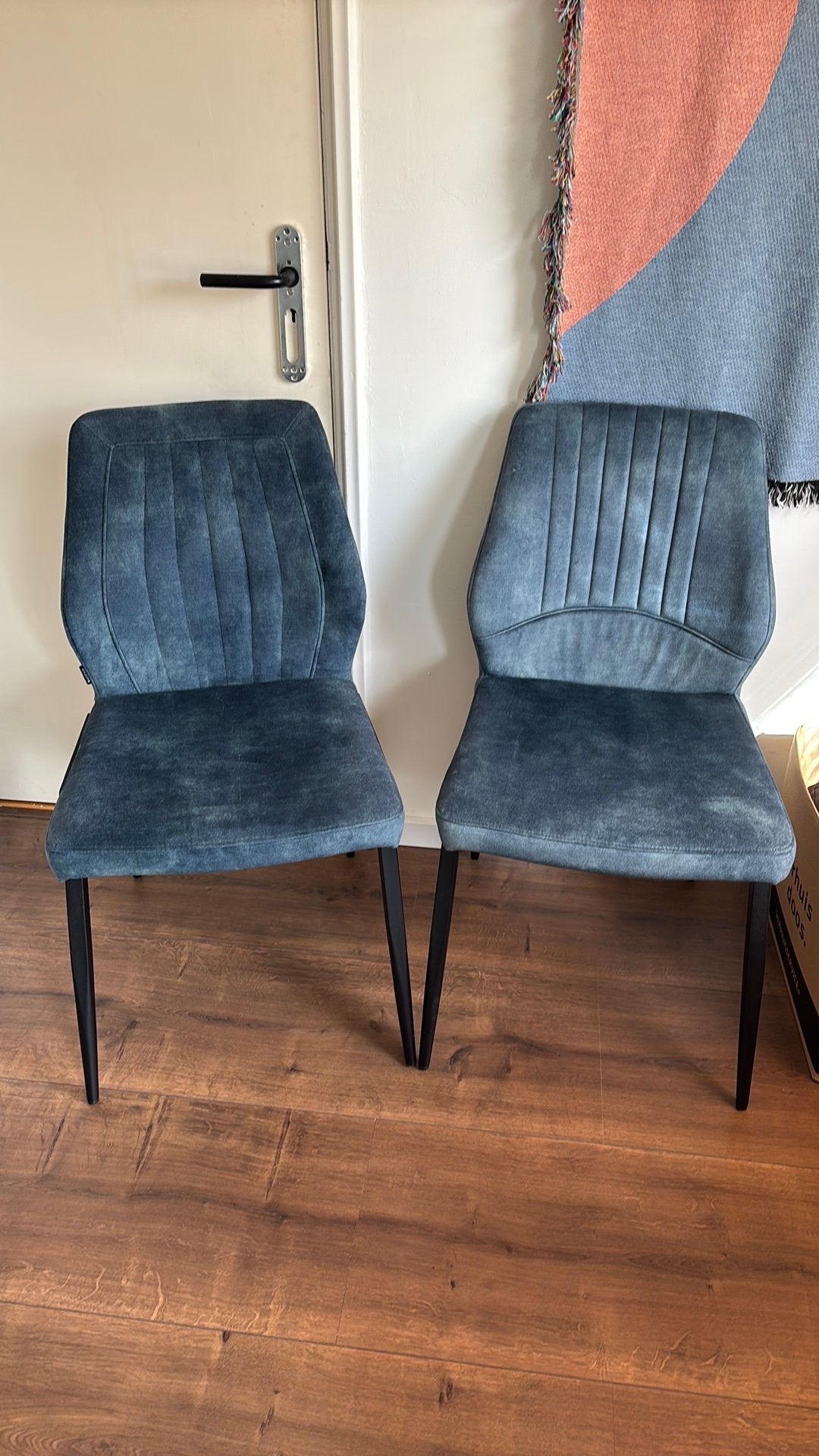 2 blauwe MX Sofa eetkamerstoelen, Huis en Inrichting, Ophalen, Gebruikt, Blauw, Twee