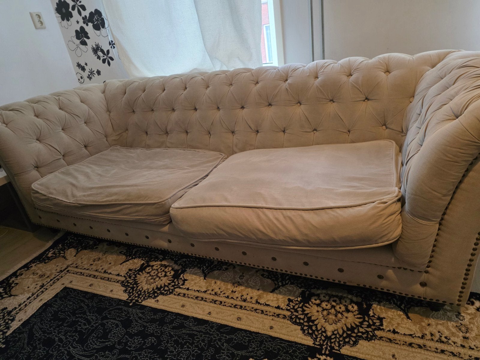 Chesterfield Hoekbank - Crèmekleurig, 4-persoons, 250 tot 300 cm, Gebruikt, 75 tot 100 cm, Ophalen of Verzenden