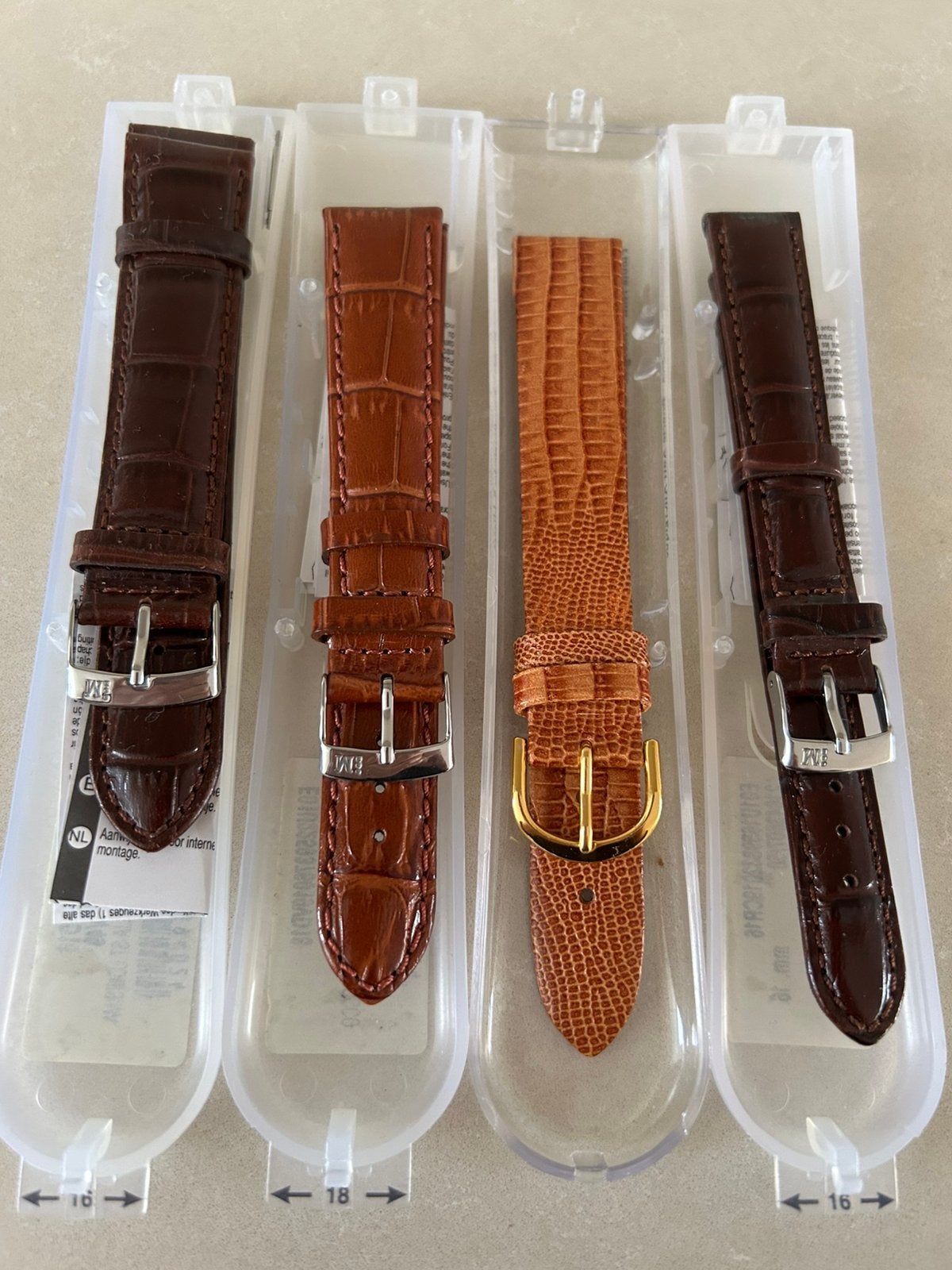 Horlogebandjes 16mm en 18mm - Diverse kleuren, Overige merken, Overige materialen, Leer, Polshorloge