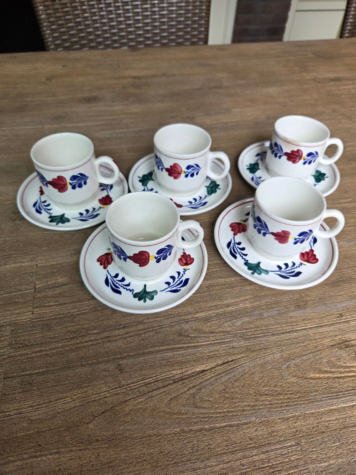 Boerenbont koffie/espresso kop en schotel set (5 stuks), Ophalen, Gebruikt, Landelijk/Boerenbont, Kop(pen) en/of Schotel(s)