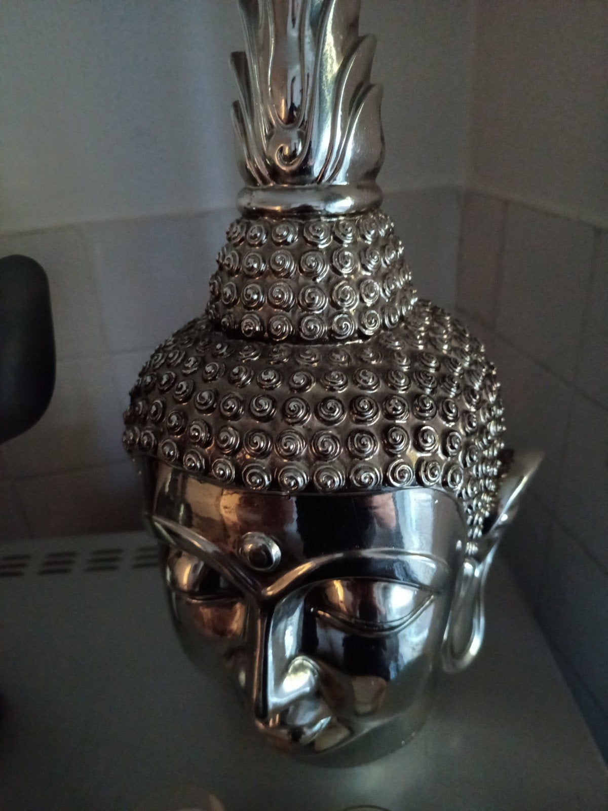 Zilverkleurige Boeddha Hoofd Decoratie, Ophalen of Verzenden, Zo goed als nieuw, Overige materialen, Zilver