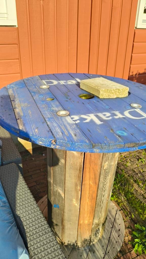 Unieke houten statafel van kabelhaspel, Tuin en Terras, Tuintafels, Ophalen, Gebruikt