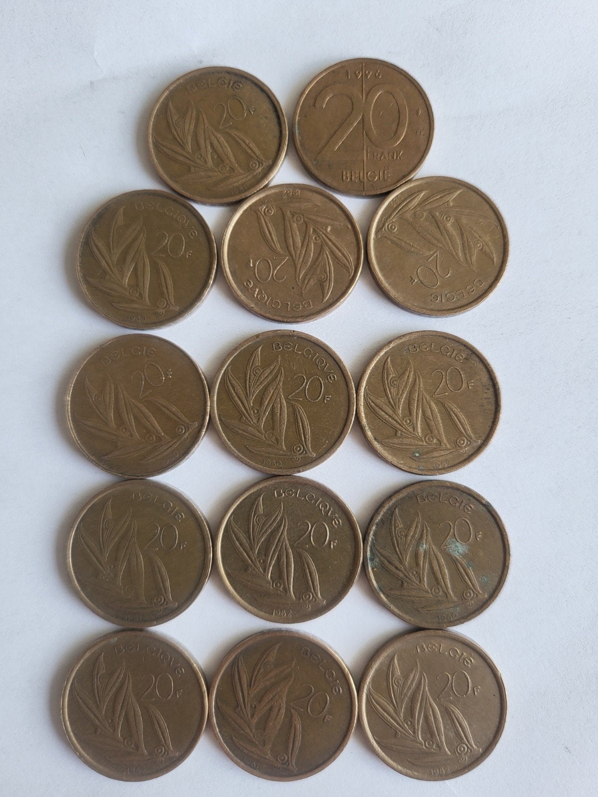 Set van 12 Belgische 20 Frank munten (diverse jaren), Postzegels en Munten, Munten | België, Ophalen of Verzenden, Brons, Setje