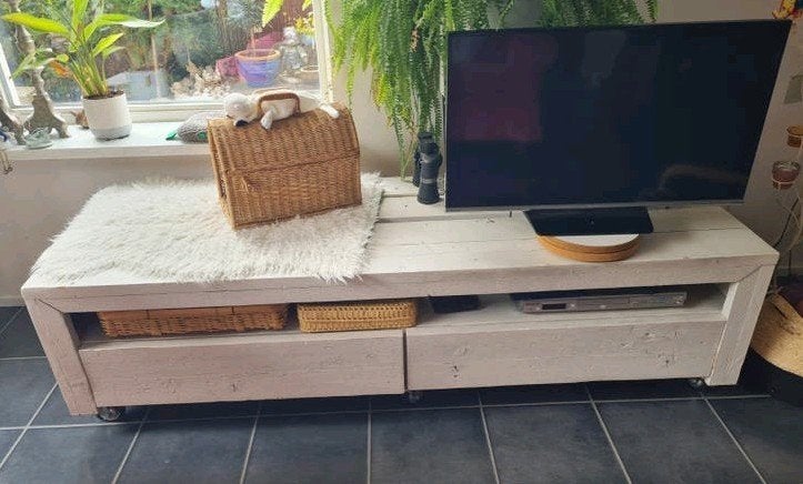 tv meubel met 2 lades, wieltjes, steigerhout,whitewash look, Ophalen, 25 tot 50 cm, 50 tot 100 cm, Minder dan 100 cm