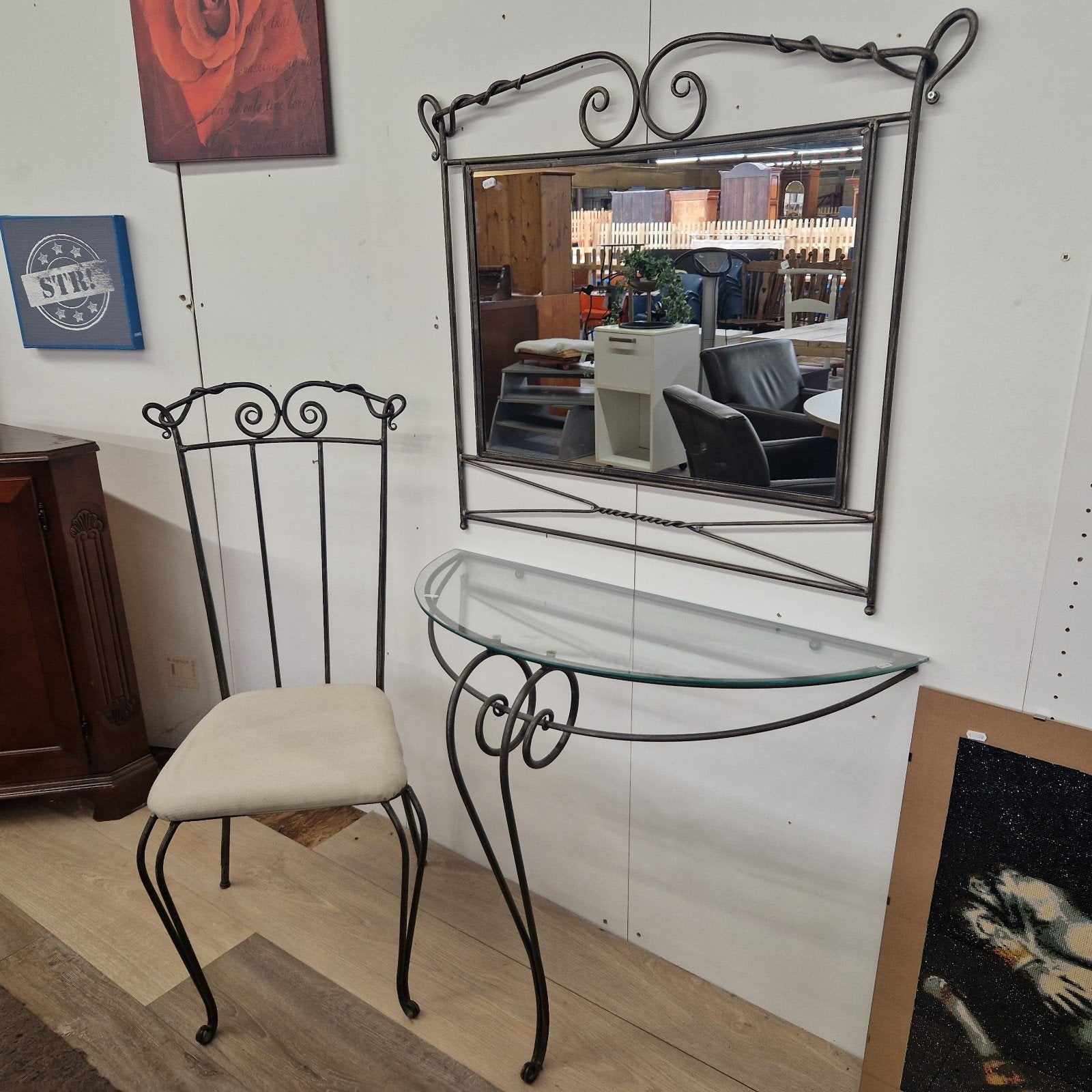 smeedijzeren kaptafel met stoel en spiegel, Ophalen, ., 50 tot 100 cm, .