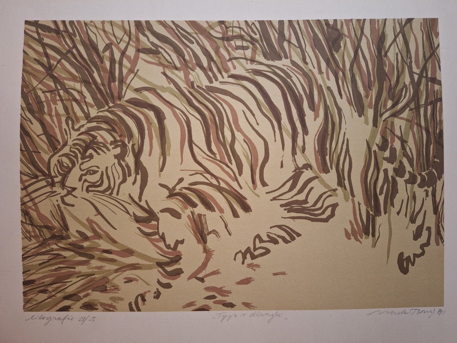 Gesigneerde Lithografie Tijger - Uniek Kunstwerk, Antiek en Kunst, Gesigneerd, Ophalen of Verzenden, Dieren en Natuur, Lithografie
