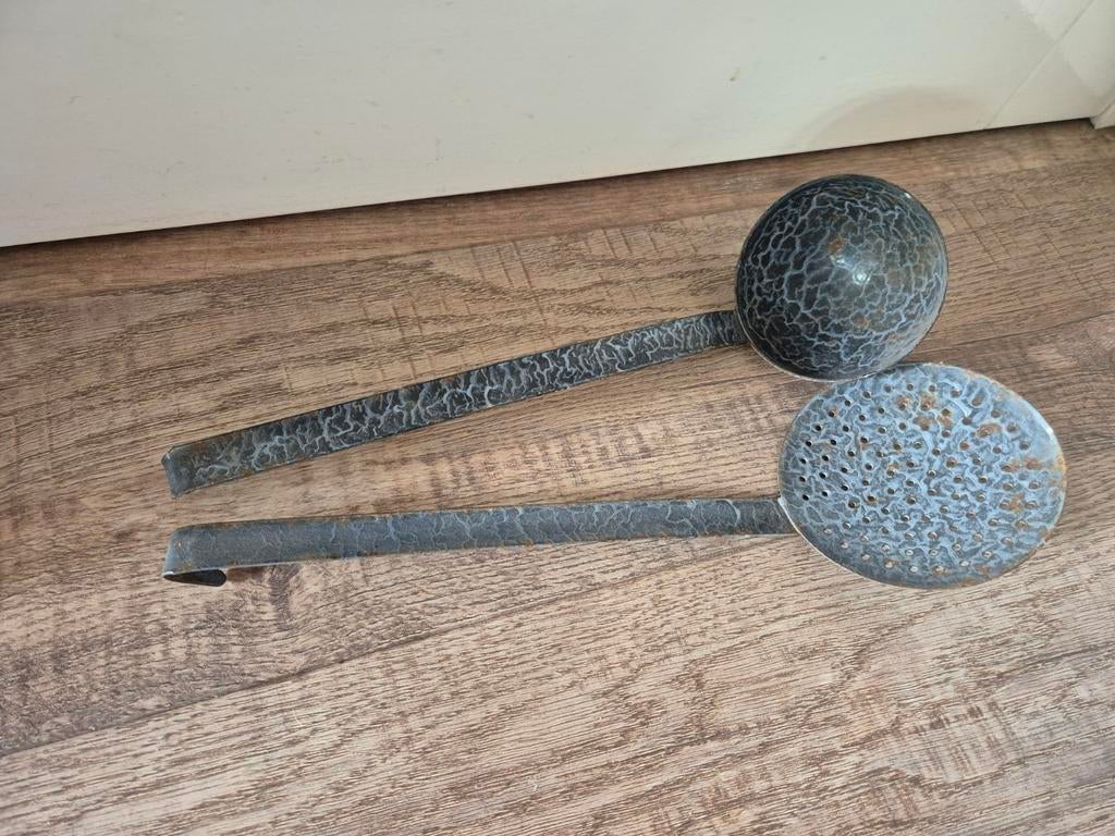 Keukenmateriaal - grijs gewolkt emaille - brocante, Ophalen of Verzenden