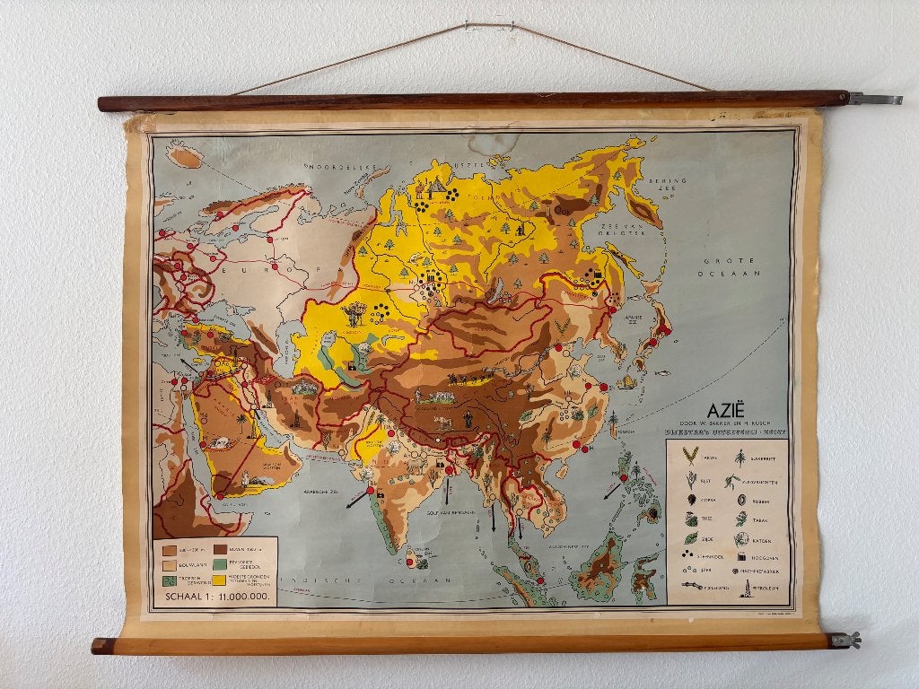 Schoolkaart Azië, Antiek en Kunst, Ophalen, Aardrijkskunde