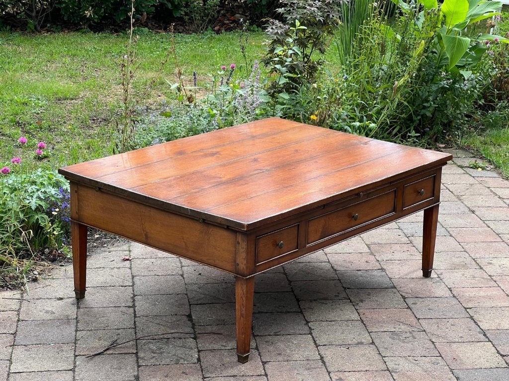 Koloniale houten salontafel – uitschuifbare laden en planken, Ophalen, 100 tot 150 cm, Eikenhout, 50 tot 100 cm