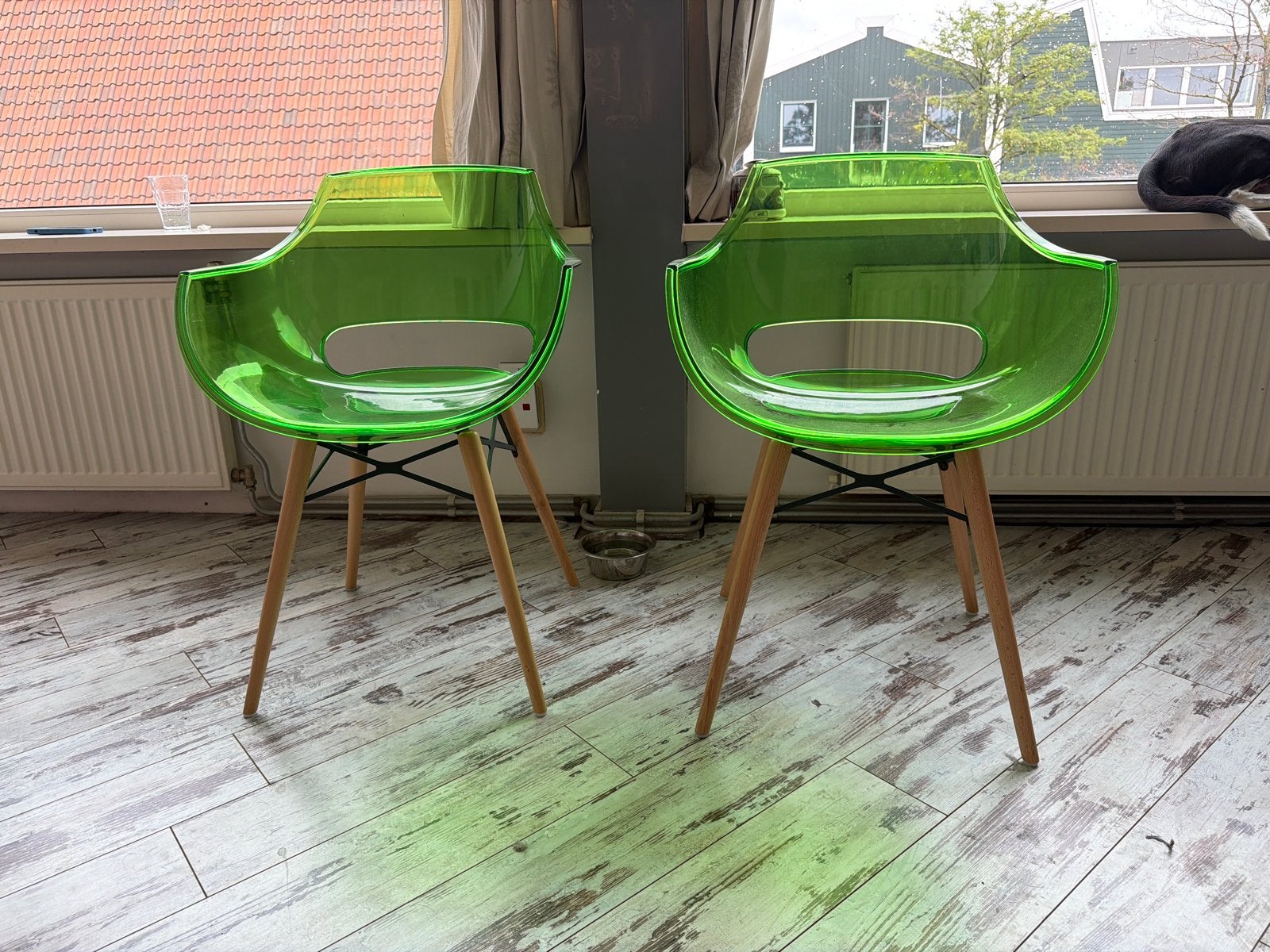 2 Papatya Opal Wox Eetkamerstoel Groen Transparant Hout, Twee, Overige kleuren, Zo goed als nieuw, Ophalen