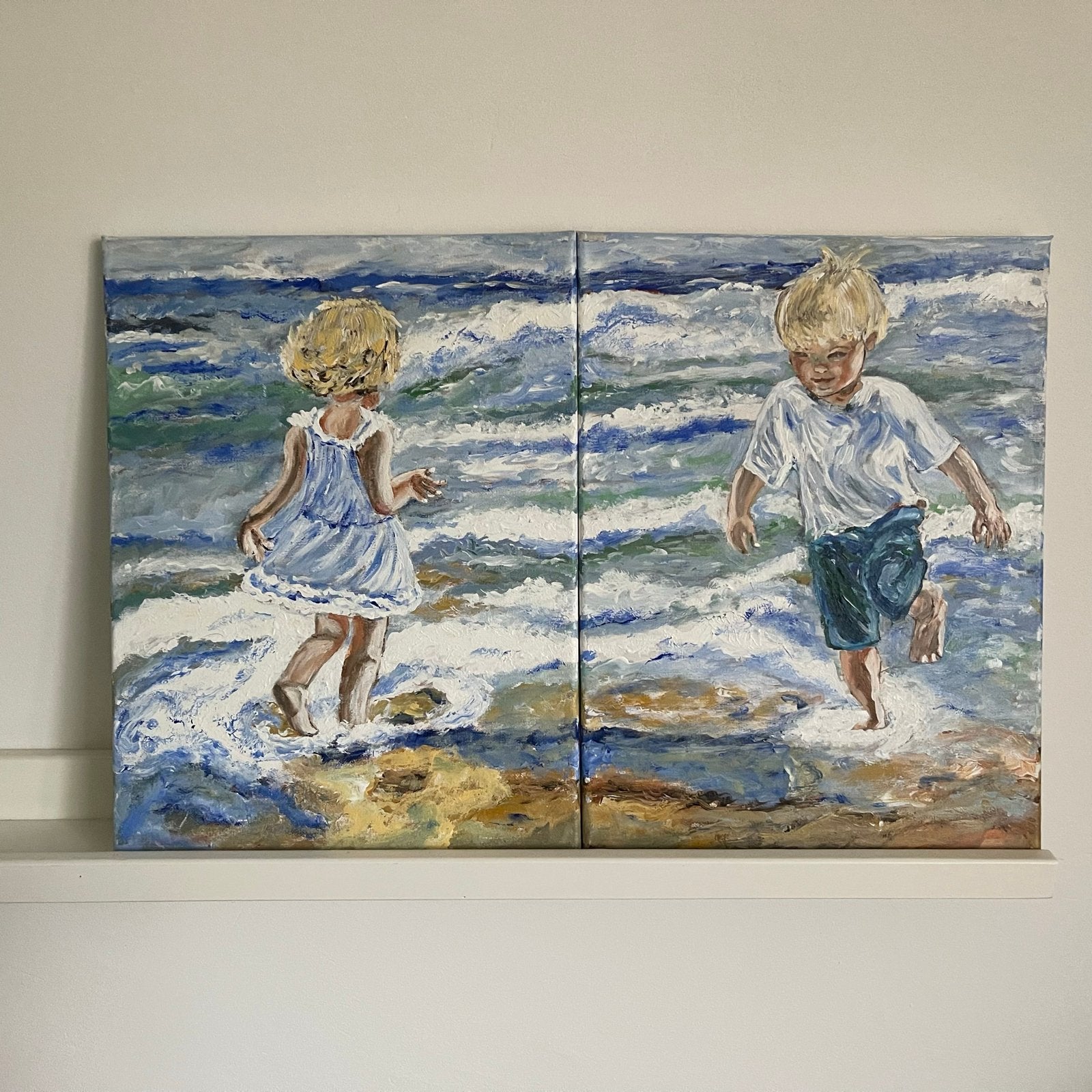 Acryl op canvas: Spelende kinderen aan zee (2 luiken), Acrylverf, Doek, Portret of Personen, Expressionistisch