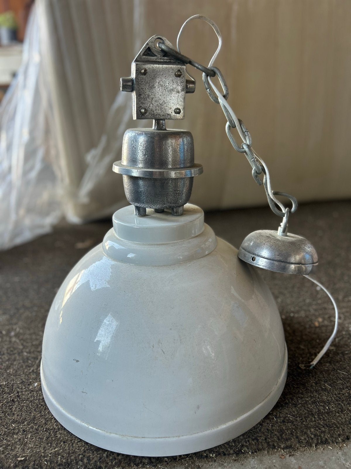 Industriële hanglamp - Wit emaille - Vintage, Ophalen of Verzenden, Gebruikt, Metaal