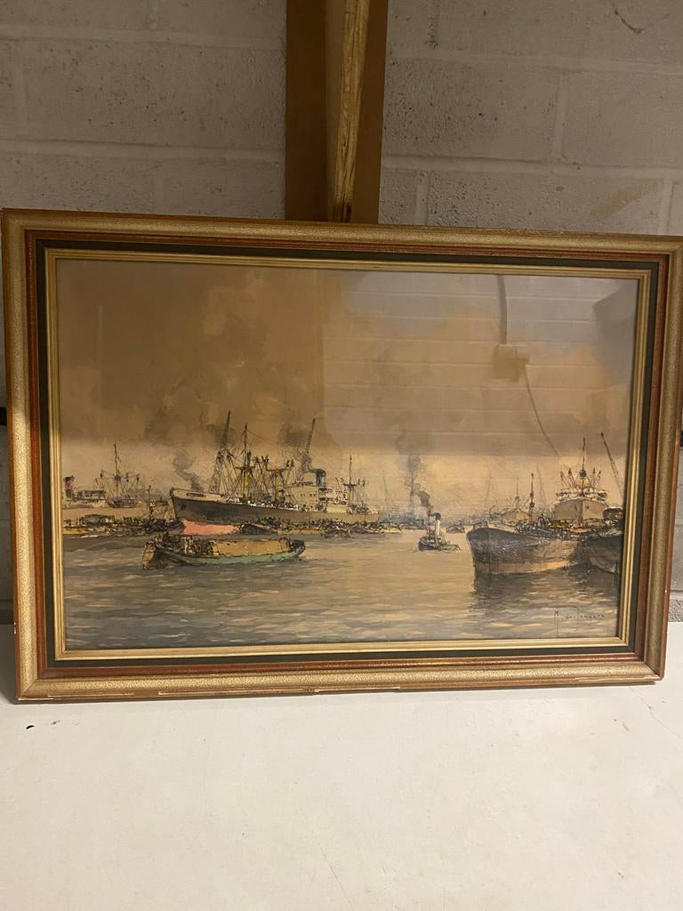 Schilderij van M. de Jongere, 1955 - Havenzicht, Antiek en Kunst, Kunst | Schilderijen | Klassiek, Ophalen of Verzenden