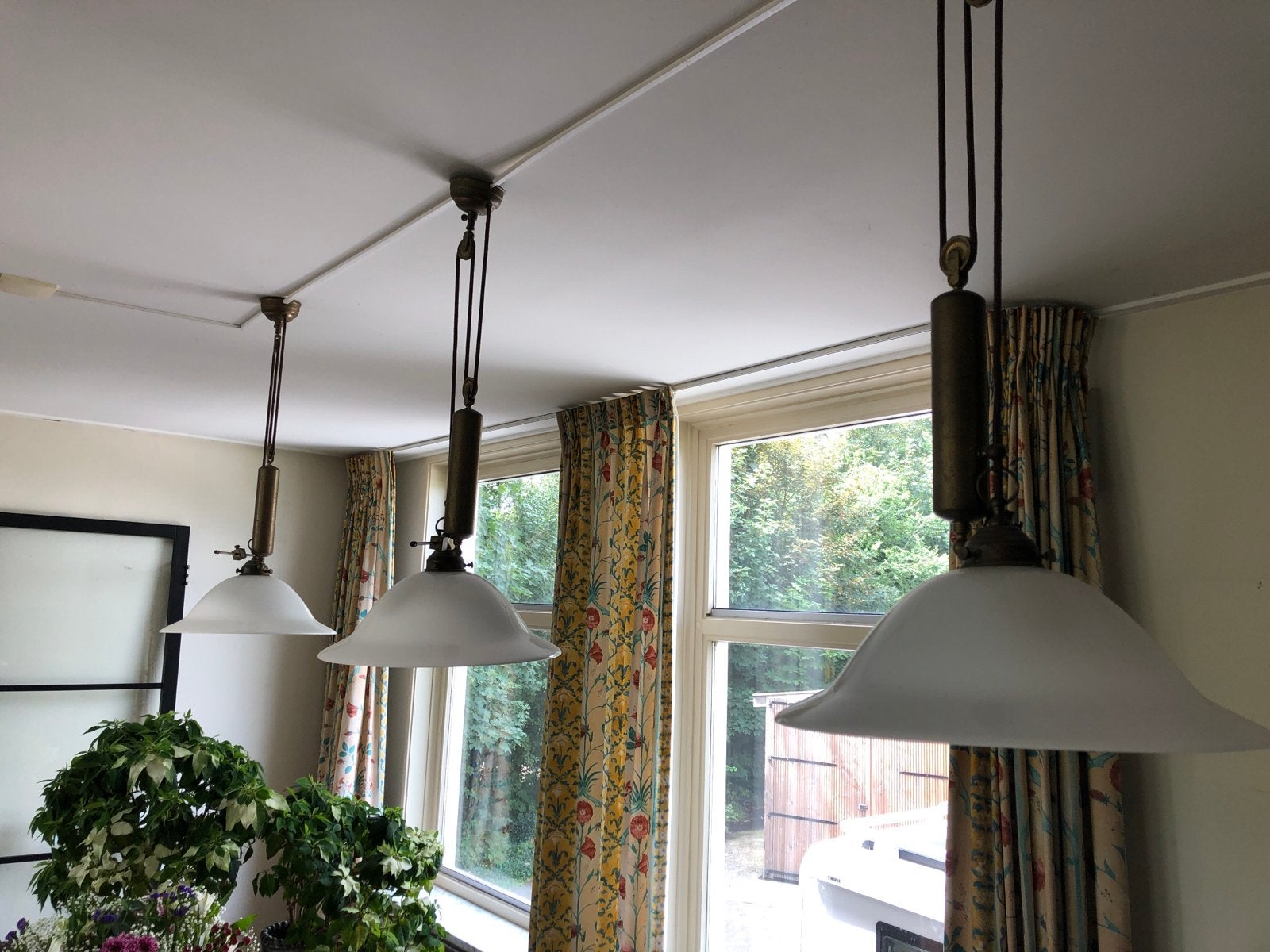Set van 3 in hoogte verstelbare lampen met contragewicht, Huis en Inrichting, Lampen | Hanglampen, Ophalen, Gebruikt, Glas, E27 (groot)