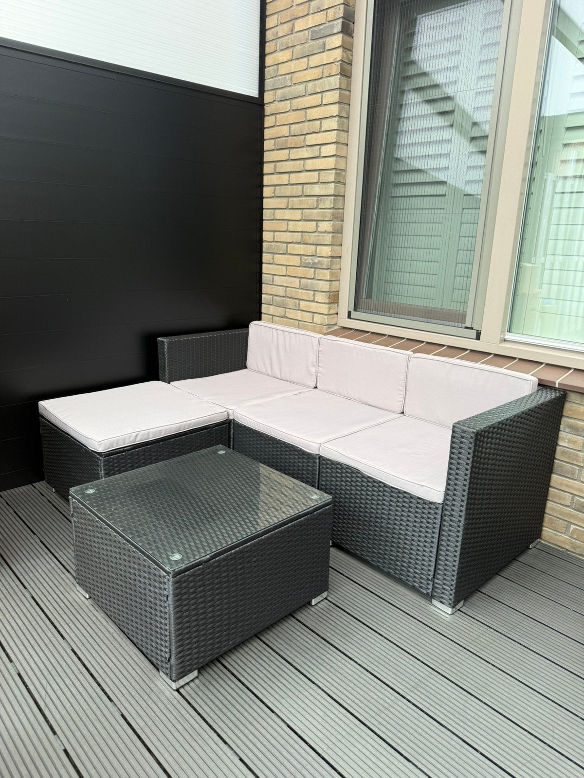 Loungeset voor tuin of balkon zwart inc glasplaat, Ophalen, Zo goed als nieuw, Wicker, Hocker