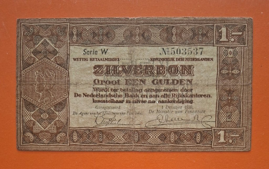 Zilverbon 1 gulden 1938, met 1 letter, cat. PL4.a, Postzegels en Munten, Verzenden, 1 gulden, Los biljet