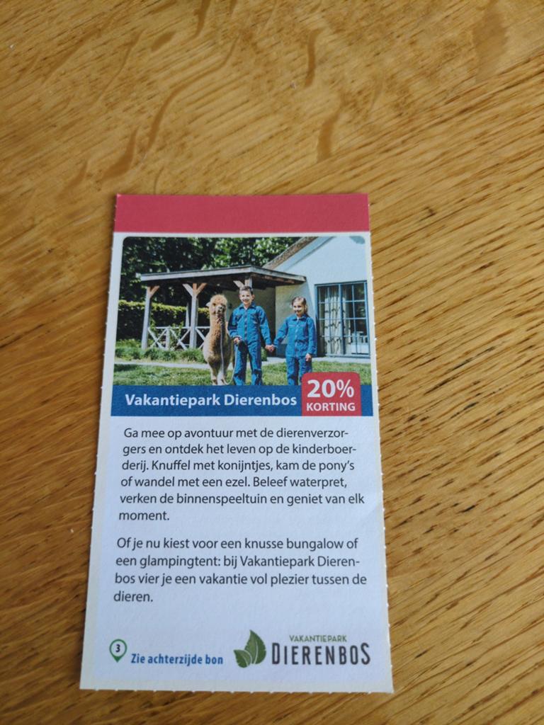 Kortingsbon voor een verblijf bij Vakantiepark Dierenbos, Drie personen of meer, Kortingsbon, Bungalowpark
