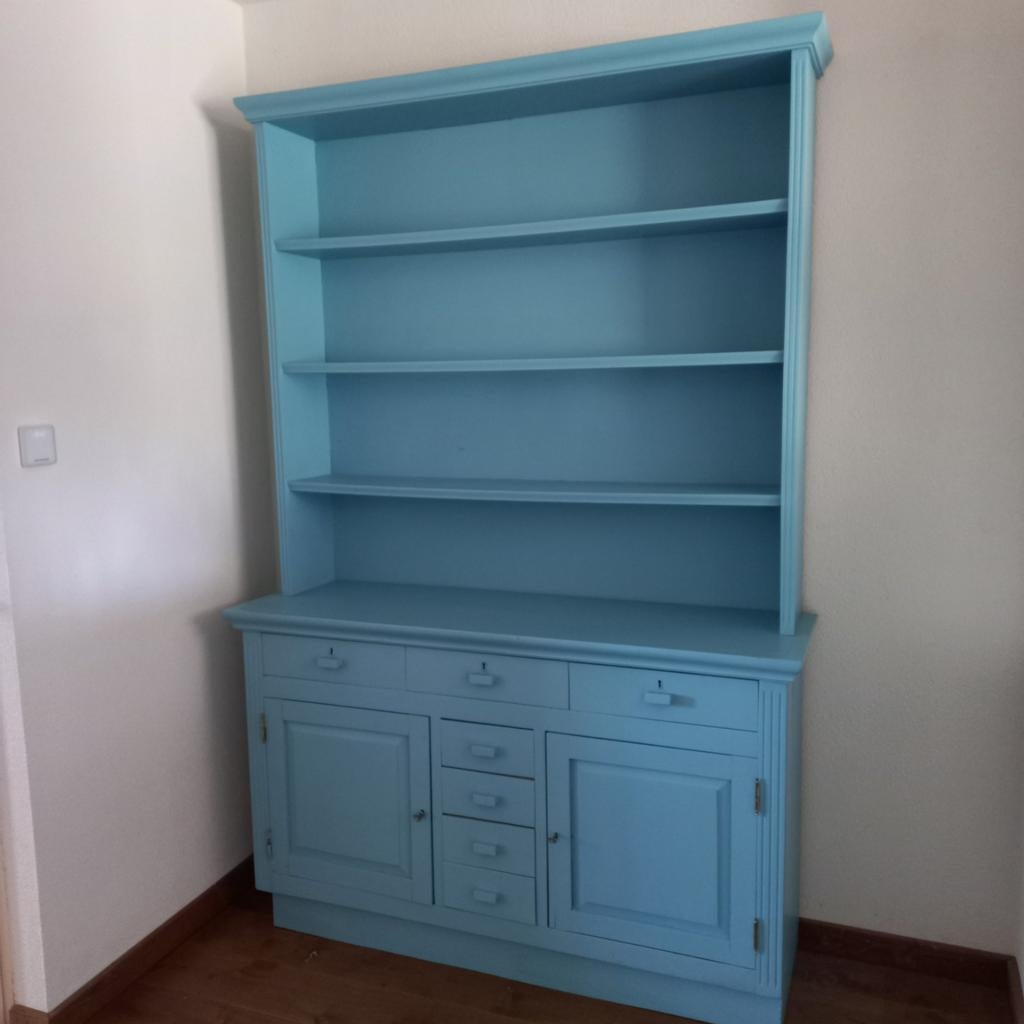 Vintage blauwe buffetkast met open schappen en lades, Ophalen, Gebruikt, 200 cm of meer, Eikenhout