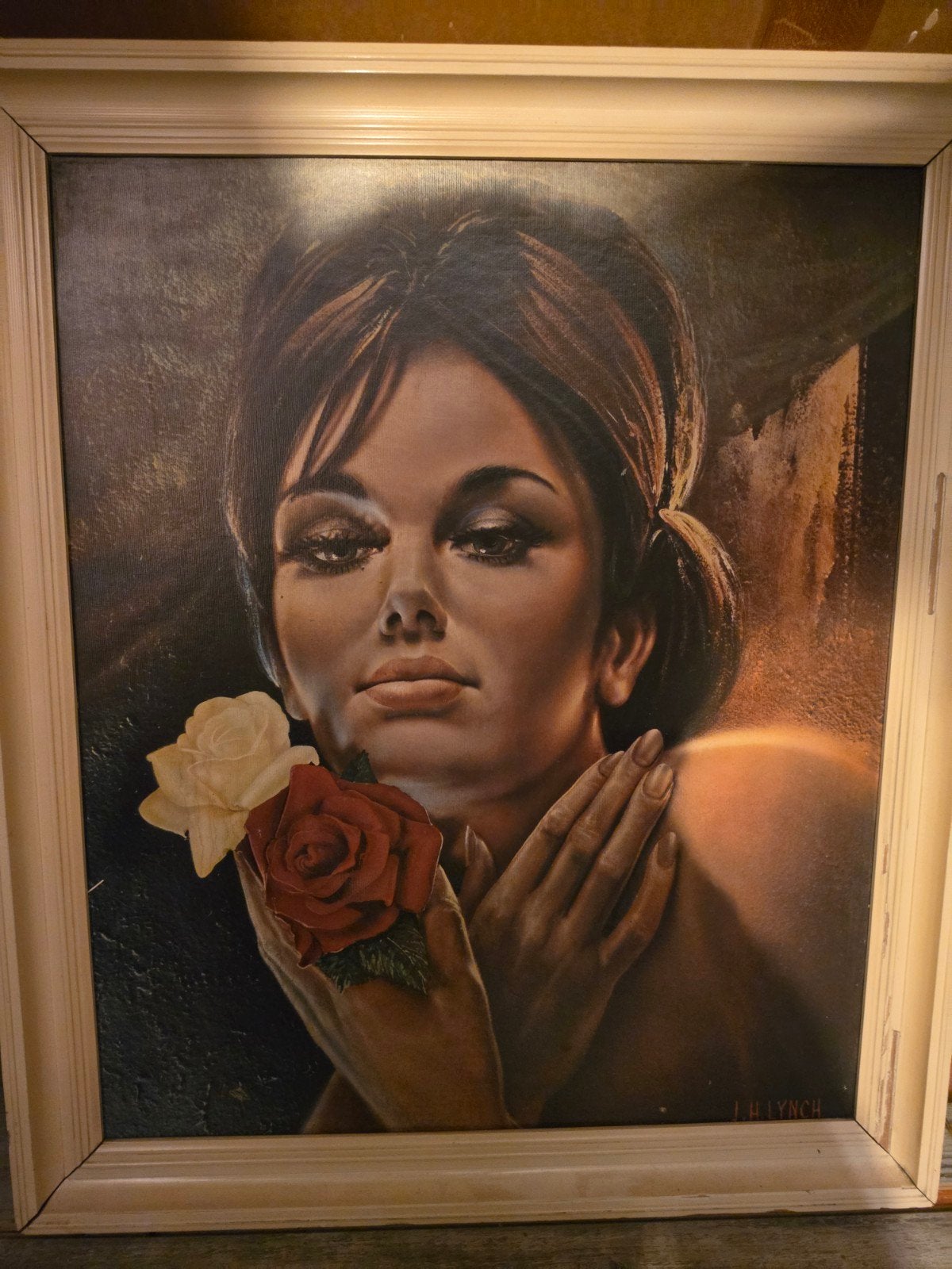 Vintage Schilderij: Vrouw met Rozen - J.H. Lynch, Ophalen, Gesigneerd, Overige materialen, Overige technieken