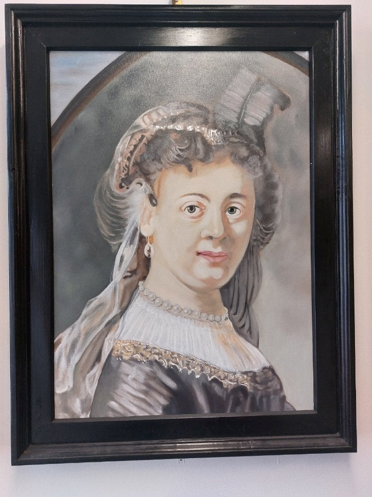Te koop Reproductie Rembrandt, Bijzondere lijst, Doek, Portret of Personen, Ophalen of Verzenden