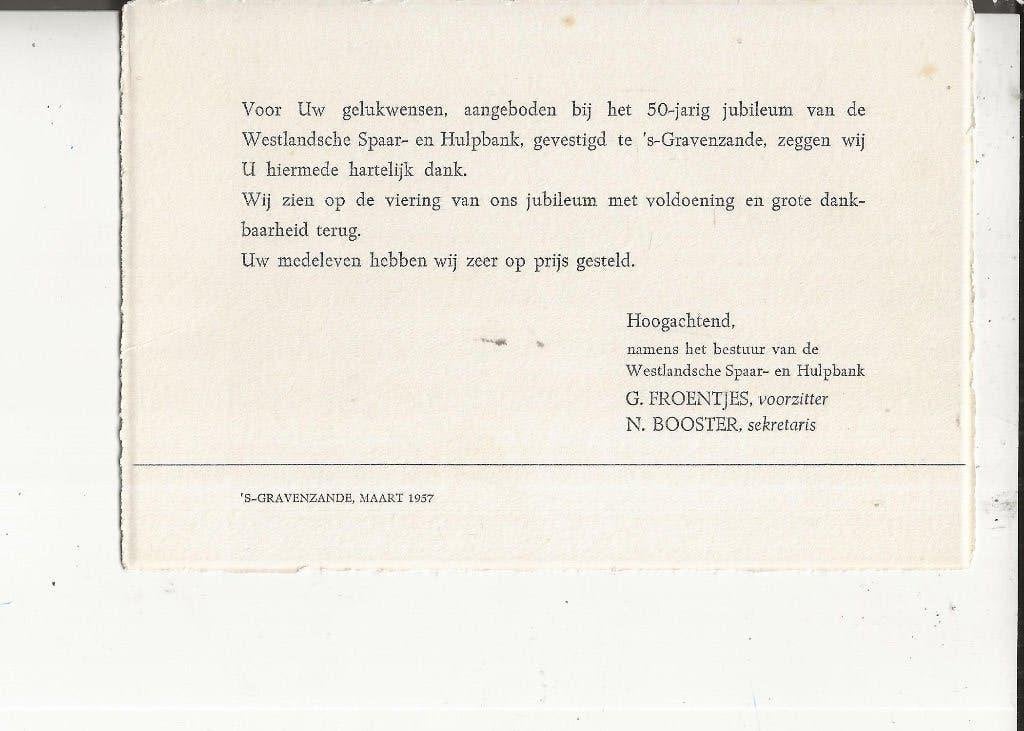 s Gravenzande 50 j Westl.Spaar en Hulpbank Dank!, Ophalen of Verzenden, 1940 tot 1960, Ongelopen, Zuid-Holland