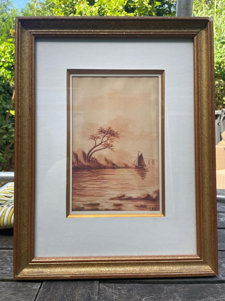 Klein schilderij met zeilboot en boom, Ophalen of Verzenden
