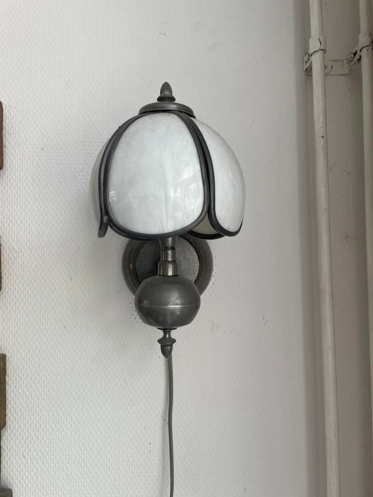 Mooie tinnen schemerlamp met glazen kap, Ophalen of Verzenden